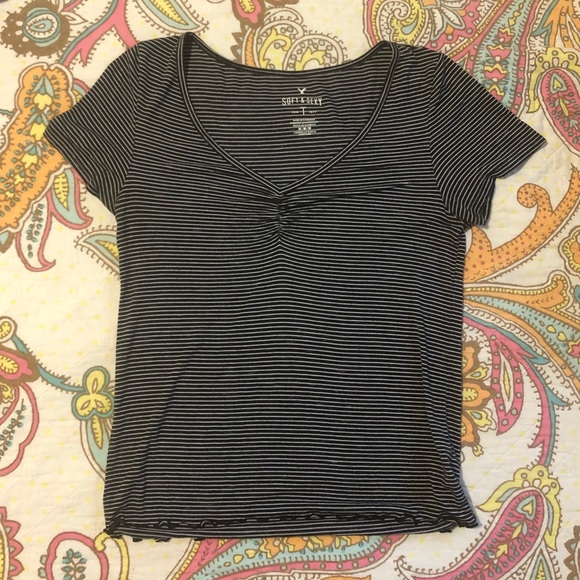 AE ruched v-neck striped baby tee - Picture 3 of 4